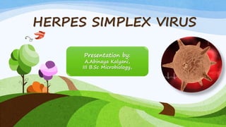 Presentation by:
A.Abinaya Kalyani,
III B.Sc Microbiology,
HERPES SIMPLEX VIRUS
 