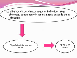 La eliminación del virus, sin que el individuo tenga
  síntomas, puede ocurrir varios meses después de la
  infección.




  El período de incubación                 DE 30 A 35
           es de                             DIAS
 