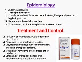 Treatment and Control
 Severity of cytomegalovirus is reduced by
ganciclovir
 Foscarnet - cytomegalovirus retinitis.
 Acyclovir and valacyclovir -in bone marrow
and renal transplant patients.
 Isolation of newborns infected from other
newborns
 Screening of transplant donors and
recipients for cytomegalovirus antibody
Epidemiology
• Endemic worldwide
I. Throughout the year
II. Prevalence varies with socioeconomic status, living conditions, and
hygienic practices
III. Humans are the only known host
IV. Transmission requires close person-to-person contact
 