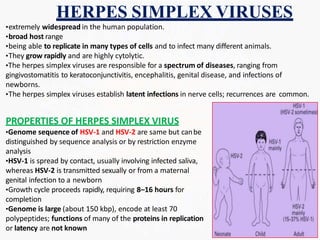 HERPES SIMPLEX VIRUSES
•extremely widespread in the human population.
•broad host range
•being able to replicate in many types of cells and to infect many different animals.
•They grow rapidly and are highly cytolytic.
•The herpes simplex viruses are responsible for a spectrum of diseases, ranging from
gingivostomatitis to keratoconjunctivitis, encephalitis, genital disease, and infections of
newborns.
•The herpes simplex viruses establish latent infections in nerve cells; recurrences are common.
PROPERTIES OF HERPES SIMPLEX VIRUS
•Genome sequence of HSV-1 and HSV-2 are same but canbe
distinguished by sequence analysis or by restriction enzyme
analysis
•HSV-1 is spread by contact, usually involving infected saliva,
whereas HSV-2 is transmitted sexually or from a maternal
genital infection to a newborn
•Growth cycle proceeds rapidly, requiring 8–16 hours for
completion
•Genome is large (about 150 kbp), encode at least 70
polypeptides; functions of many of the proteins in replication
or latency are not known
 