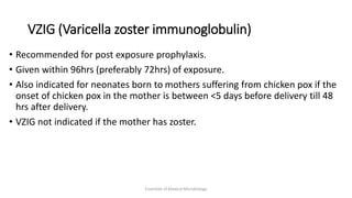 VZIG (Varicella zoster immunoglobulin)
• Recommended for post exposure prophylaxis.
• Given within 96hrs (preferably 72hrs) of exposure.
• Also indicated for neonates born to mothers suffering from chicken pox if the
onset of chicken pox in the mother is between <5 days before delivery till 48
hrs after delivery.
• VZIG not indicated if the mother has zoster.
Essentials of Medical Microbiology
 