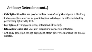 Antibody Detection (cont..)
• CMV IgG antibodies are produced few days after IgM and persist life-long.
• Indicates either a recent or past infection; which can be differentiated by
performing IgG avidity test.
• Low IgG avidity indicates recent infection (<3 weeks).
• IgG avidity test is also useful in diagnosing congenital infection
• Antibody detection cannot distinguish strain differences among the clinical
isolates.
Essentials of Medical Microbiology
 