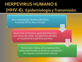 Virus cosmopolita. América del Norte,
   Australia, África, Asia y Europa.



  Reservorio: El Hombre, generalmente niños
 con menos de 3 años. sus glándulas salivales,
     principalmente la glándula parótida.


         Transmisión: Saliva, de la madre al niño,
       sobre todo durante la lactancia, transplante
           de órganos, la transmisión vertical.
 