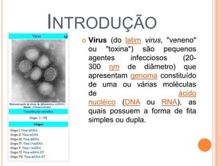 INTRODUÇÃO
      Vírus (do latim virus, "veneno"
       ou "toxina") são pequenos
       agentes     infecciosos    (20-
       300 ηm de diâmetro) que
       apresentam genoma constituído
       de uma ou várias moléculas
       de                        ácido
       nucléico (DNA ou RNA), as
       quais possuem a forma de fita
       simples ou dupla.
 