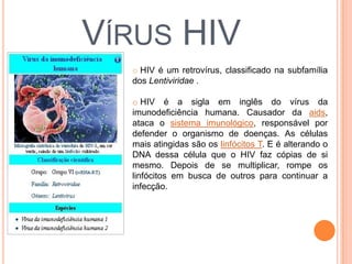 VÍRUS HIV
  o HIV é um retrovírus, classificado na subfamília
  dos Lentiviridae .

  o HIV é a sigla em inglês do vírus da
  imunodeficiência humana. Causador da aids,
  ataca o sistema imunológico, responsável por
  defender o organismo de doenças. As células
  mais atingidas são os linfócitos T. E é alterando o
  DNA dessa célula que o HIV faz cópias de si
  mesmo. Depois de se multiplicar, rompe os
  linfócitos em busca de outros para continuar a
  infecção.
 