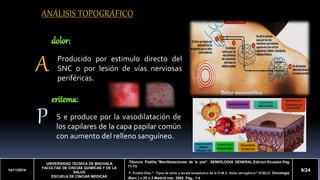 A 
P 
14/11/2014 
UNIVERSIDAD TECNICA DE MACHALA 
FACULTAD DE CINCIAS QUIMICAS Y DE LA 
SALUD 
ESCUELA DE CINCIAS MEDICAS 
-Tiburcio Padilla.”Manifestaciones de la piel”. SEMIOLOGIA GENERAL.Edicion-Ecuador.Pag 
71-73 
-F. Puebla Díaz.” Tipos de dolor y escala terapéutica de la O.M.S. Dolor iatrogénico”.SCIELO. Oncología 
(Barc.) v.28 n.3 Madrid mar. 2005. Pág.. 1-4 
9/24 
ANÁLISIS TOPOGRÁFICO 
Producido por estimulo directo del 
SNC o por lesión de vías nerviosas 
periféricas. 
S e produce por la vasodilatación de 
los capilares de la capa papilar común 
con aumento del relleno sanguíneo. 
 
