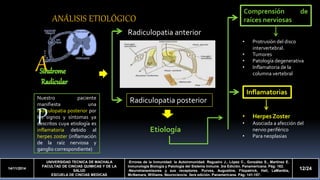 A 
P 
14/11/2014 
UNIVERSIDAD TECNICA DE MACHALA 
FACULTAD DE CINCIAS QUIMICAS Y DE LA 
SALUD 
ESCUELA DE CINCIAS MEDICAS 
-Errores de la Inmunidad: la Autoinmunidad. Regueiro J., López C., González S., Martínez E. 
Inmunología Biología y Patología del Sistema Inmune. 3ra Edición. Panamericana. Pág: 162. 
-Neurotransmisores y sus receptores. Purves, Augustine, Fitzpatrick, Hall, LaManttia, 
McNamara, Williams. Neurociencia. 3era edición. Panamericana. Pág: 141-157. 
12/24 
ANÁLISIS ETIOLÓGICO 
Radiculopatia anterior 
Radiculopatia posterior 
Etiología 
Comprensión de 
raíces nerviosas 
• Protrusión del disco 
intervertebral. 
• Tumores 
• Patología degenerativa 
• Inflamatoria de la 
columna vertebral 
Inflamatorias 
• Herpes Zoster 
• Asociada a afección del 
nervio periférico 
• Para neoplasias 
Nuestro paciente 
manifiesta una 
radiculopatia posterior por 
los signos y síntomas ya 
descritos cuya etiología es 
inflamatoria debido al 
herpes zoster (inflamación 
de la raíz nerviosa y 
ganglio correspondiente) 
 