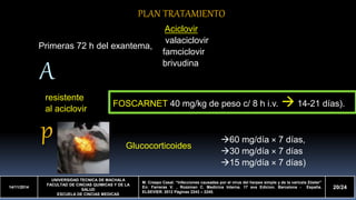 PLAN TRATAMIENTO 
Primeras 72 h del exantema, 
A 
p 
FOSCARNET 40 mg/kg de peso c/ 8 h i.v. 
60 mg/día × 7 días, 
30 mg/día × 7 días 
15 mg/día × 7 días) 
Aciclovir 
valaciclovir 
famciclovir 
brivudina 
Glucocorticoides 
 
14-21 días). 
resistente 
al aciclovir 
14/11/2014 
UNIVERSIDAD TECNICA DE MACHALA 
FACULTAD DE CINCIAS QUIMICAS Y DE LA 
SALUD 
ESCUELA DE CINCIAS MEDICAS 
M. Crespo Casal. “Infecciones causadas por el virus del herpes simple y de la varicela Zóster” 
En: Farreras V. , Rozzman C. Medicina Interna. 17 ava Edicion. Barcelona - España. 
ELSEVIER. 2012 Páginas 2243 – 2245. 
20/24 
 