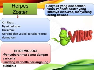Herpes
Zoster
Penyakit yang disebabkan
virus Varisela-zoster yang
sifatnya localized, menyerang
orang dewasa
Ciri khas:
Nyeri radikuler
Unilateral
Gerombolan vesikel tersebar sesuai
dermatom
EPIDEMIOLOGI
•Penyebarannya sama dengan
varicella
•Kadang varicella berlangsung
subklinis
 