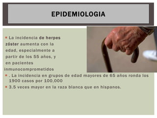 EPIDEMIOLOGIA


  La incidencia de herpes
 zóster aumenta con la
 edad, especialmente a
 partir de los 55 años, y
 en pacientes
inmunocomprometidos
  . La incidencia en grupos de edad mayores de 65 años ronda los
   1900 casos por 100,000
  3.5 veces mayor en la raza blanca que en hispanos.
 