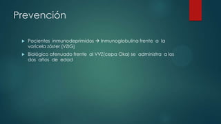 Prevención
 Pacientes inmunodeprimidos  Inmunoglobulina frente a la
varicela zóster (VZIG)
 Biológico atenuado frente al VVZ(cepa Oka) se administra a los
dos años de edad
 