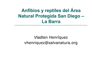 Anfibios y reptiles del Área
Natural Protegida San Diego –
La Barra
Vladlen Henríquez
vhenriquez@salvanatura.org
 