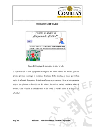 ----------------------------------------------------------------------------------------------------------------------
HERRAMIENTAS DE CALIDAD
Pág. 45 Módulo 7. Herramientas de calidad – (Apuntes)
¿Cómo se aplica el
diagrama de afinidad?
Paso 3:
DESPLEGAR LAS TARJETAS DE DATOS VERBALES,
COLOCANDO CERCA LAS RELACIONADAS ENTRE SÍ
Figura 24: Despliegue de las tarjetas de datos verbales
A continuación se van agrupando las tarjetas por temas afines. Es posible que sea
preciso precisar o corregir el contenido de alguna de las tarjetas, de modo que refleje
mejor la afinidad. Los grupos de tarjetas afines se cogen con un clip y se incorpora una
tarjeta de afinidad en la cabecera del mismo, la cual se vuelve a colocar sobre el
tablero. Otra solución es introducirlas en un sobre y escribir sobre él la tarjeta de
afinidad.
 