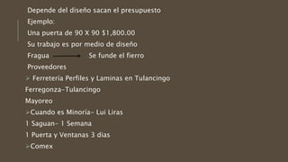 Depende del diseño sacan el presupuesto
Ejemplo:
Una puerta de 90 X 90 $1,800.00
Su trabajo es por medio de diseño
Fragua Se funde el fierro
Proveedores
 Ferretería Perfiles y Laminas en Tulancingo
Ferregonza-Tulancingo
Mayoreo
Cuando es Minoría- Lui Liras
1 Saguan- 1 Semana
1 Puerta y Ventanas 3 dias
Comex
 
