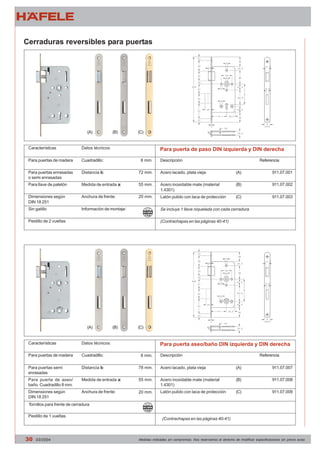 Cerraduras reversibles para puertas 
Para puerta de paso DIN izquierda y DIN derecha 
(A) (B) (C) 
Características Datos técnicos: 
Para puertas de madera Descripción 
Para puertas enrasadas 
o semi enrasadas 
Para llave de paletón 
Dimensiones según 
DIN 18 251 
Sin gatillo 
Pestillo de 2 vueltas 
Cuadradillo: 
Distancia b: 
Medida de entrada a: 
Anchura de frente: 
Información de montaje: 
Acero lacado, plata vieja 
Acero inoxidable mate (material 
1.4301) 
Latón pulido con laca de protección 
Referencia 
911.07.001 
911.07.002 
911.07.003 
(A) 
(B) 
(C) 
Se incluye 1 llave niquelada con cada cerradura 
(Contrachapas en las páginas 40-41) 
Para puerta aseo/baño DIN izquierda y DIN derecha 
8 mm. 
72 mm. 
55 mm. 
20 mm. 
(A) (B) (C) 
Características Datos técnicos: 
Para puertas de madera Descripción 
Para puertas semi 
enrasadas 
Para puerta de aseo/ 
baño. Cuadradillo 8 mm. 
Dimensiones según 
DIN 18 251 
Tornillos para frente de cerradura 
Pestillo de 1 vueltas 
Cuadradillo: 
Distancia b: 
Medida de entrada a: 
Anchura de frente: 
Acero lacado, plata vieja 
Acero inoxidable mate (material 
1.4301) 
Latón pulido con laca de protección 
Referencia 
911.07.007 
911.07.008 
911.07.009 
(A) 
(B) 
(C) 
8 mm. 
78 mm. 
55 mm. 
20 mm. 
(Contrachapas en las páginas 40-41) 
30 03/2004 Medidas indicadas sin compromiso. Nos reservamos el derecho de modificar especificaciones sin previo aviso 
 