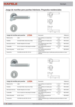 Starlight 
Juego de manillas para puertas interiores. Proyectos residenciales 
LYDIA 
Juego de manillas para puertas Referencia 
Descripción 
Jgo. manillas con rosetas llave 
paletón 
Jgo. manillas con rosetas para 
bombillo 
Jgo. manillas para aseo / baño 
Cuadradillo: 8 mm. 
Jgo. manillas para puerta de 
entrada izq. 
Jgo. manillas para puerta de 
entrada drcha. 
(Figura mostrada en jgo. manilla para puerta de entrada, es mano 
derecha) 
900.91.052 
900.92.052 
900.93.052 
900.95.052 
900.96.052 
Materia prima 
Acabado 
Descripción técnica 
Cuadradillo 
Grosor de puerta 
Accesorios 
Latón 
Cromado Pulido / Acero Inox. Mate 
Muelle integrado en la roseta 
8 mm, incluido en cada juego de manillas 
de 38 - 42 mm 
4 tornillos de unión M4 x 40 mm 
LUISA 
Juego de manillas para puertas Referencia 
Descripción 
Jgo. manillas con rosetas llave 
paletón 
Jgo. manillas con rosetas para 
bombillo 
Jgo. manillas para aseo / baño 
Cuadradillo: 8 mm. 
Jgo. manillas para puerta de 
entrada izq. 
Jgo. manillas para puerta de 
entrada drcha. 
(Figura mostrada en jgo. manilla para puerta de entrada, es mano 
derecha) 
900.91.062 
900.92.062 
900.93.062 
900.95.062 
900.96.062 
Materia prima 
Acabado 
Descripción técnica 
Cuadradillo 
Grosor de puerta 
Accesorios 
Latón 
Cromado Pulido / Acero Inox. Mate 
Muelle integrado en la roseta 
8 mm, incluido en cada juego de manillas 
de 38 - 42 mm 
4 tornillos de unión M4 x 40 mm 
4 03/2004 Medidas indicadas sin compromiso. Nos reservamos el derecho de modificar especificaciones sin previo aviso 
 