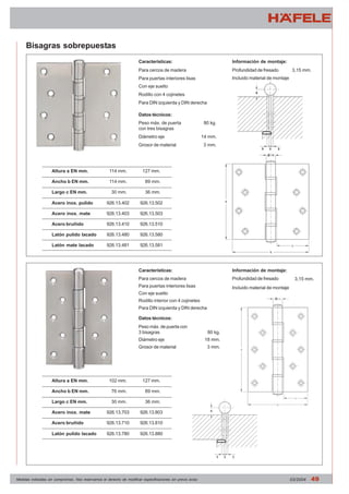 Características: 
Para cercos de madera 
Para puertas interiores lisas 
Con eje suelto 
Rodillo con 4 cojinetes 
Para DIN izquierda y DIN derecha 
Datos técnicos: 
Peso máx. de puerta 
con tres bisagras 
Diámetro eje 
Grosor de material 
Bisagras sobrepuestas 
Información de montaje: 
Profundidad de fresado 
80 kg. 
14 mm. 
3 mm. 
3,15 mm. 
127 mm. 
89 mm. 
36 mm. 
926.13.502 
926.13.503 
926.13.510 
926.13.580 
926.13.581 
Características: 
Para cercos de madera 
Para puertas interiores lisas 
Con eje suelto 
Rodillo interior con 4 cojinetes 
Para DIN izquierda y DIN derecha 
Datos técnicos: 
Peso máx. de puerta con 
3 bisagras 
Diámetro eje 
Grosor de material 
Incluido material de montaje 
Información de montaje: 
Profundidad de fresado 
80 kg. 
18 mm. 
3 mm. 
3,15 mm. 
114 mm. 
114 mm. 
30 mm. 
926.13.402 
926.13.403 
926.13.410 
926.13.480 
926.13.481 
Altura a EN mm. 
Ancho b EN mm. 
Largo c EN mm. 
Acero inox. pulido 
Acero inox. mate 
Acero bruñido 
Latón pulido lacado 
Latón mate lacado 
102 mm. 
76 mm. 
30 mm. 
926.13.703 
926.13.710 
926.13.780 
Altura a EN mm. 
Ancho b EN mm. 
Largo c EN mm. 
Acero inox. mate 
Acero bruñido 
Latón pulido lacado 
127 mm. 
89 mm. 
36 mm. 
926.13.803 
926.13.810 
926.13.880 
Incluido material de montaje 
Medidas indicadas sin compromiso. Nos reservamos el derecho de modificar especificaciones sin previo aviso 03/2004 49 
 