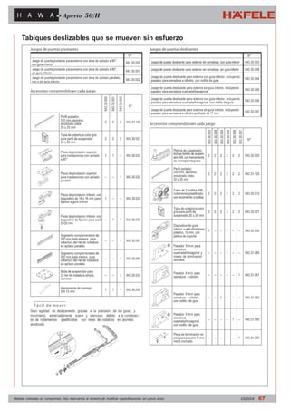Aperto 50/H 
Tabiques deslizables que se mueven sin esfuerzo 
943.30.003 
943.30.00 
943.30.005 
943.30.006 
943.30.007 
943.30.020 
943.31.125 
943.30.012 
943.30.012 
943.30.021 
943.30.021 
943.30.030 
943.31.080 
943.31.081 
943.31.082 
943.31.883 
943.30.000 
943.30.00 
943.30.002 
943.31.090 
943.30.001 943.30.002 
943.31.125 
943.30.021 
943.30.023 
943.30.022 
943.30.032 
943.30.033 
943.30.091 
943.30.090 
943.30.024 
943.30.095 
943.30.000 
Medidas indicadas sin compromiso. Nos reservamos el derecho de modificar especificaciones sin previo aviso 03/2004 67 
 