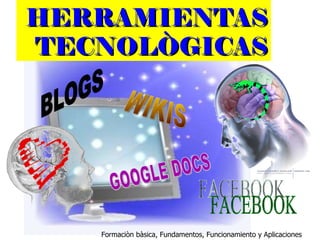 HERRAMIENTAS TECNOLÒGICAS Formaciòn bàsica, Fundamentos, Funcionamiento y Aplicaciones BLOGS WIKIS GOOGLE DOCS FACEBOOK 