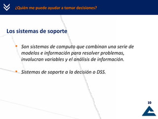 ¿Quién me puede ayudar a tomar decisiones? Los sistemas de soporte Son sistemas de computo que combinan una serie de modelos e información para resolver problemas, involucran variables y el análisis de información. Sistemas de soporte a la decisión o DSS. 