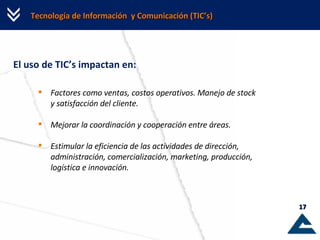 Tecnología de Información  y Comunicación (TIC’s) El uso de TIC’s impactan en: Factores como ventas, costos operativos. Manejo de stock y satisfacción del cliente. Mejorar la coordinación y cooperación entre áreas. Estimular la eficiencia de las actividades de dirección, administración, comercialización, marketing, producción, logística e innovación. 