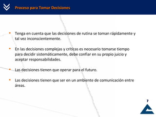 Proceso para Tomar Decisiones Tenga en cuenta que las decisiones de rutina se toman rápidamente y tal vez inconscientemente. En las decisiones complejas y críticas es necesario tomarse tiempo para decidir sistemáticamente, debe confiar en su propio juicio y aceptar responsabilidades. Las decisiones tienen que operar para el futuro. Las decisiones tienen que ser en un ambiente de comunicación entre áreas. 