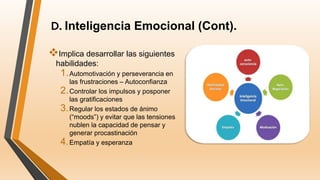 D. Inteligencia Emocional (Cont).
Implica desarrollar las siguientes
habilidades:
1.Automotivación y perseverancia en
las frustraciones – Autoconfianza
2.Controlar los impulsos y posponer
las gratificaciones
3.Regular los estados de ánimo
(“moods”) y evitar que las tensiones
nublen la capacidad de pensar y
generar procastinación
4.Empatía y esperanza
 