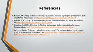 Referencias
• Navarro, M. (2009). Autoconocimiento y autoestima. Revista Digital para profesionales de la
enseñanza. Recuperado en https://www.feandalucia.ccoo.es/docu/p5sd6409.pdf
• Macías, M. A (2002). Las Múltiples Inteligencias. Psicología desde el Caribe. Recuperado
en https://www.redalyc.org/pdf/213/21301003.pdf
• García, J. A. (2021). Pirámide de Maslow- La jerarquía de las necesidades humanas.
Recuperado en https://psicologiaymente.com/psicologia/piramide-de-maslow.
• Le Libros. Daniel Goleman, La Inteligencia emocional (Por qué es más importante que el
coeficiente intelectual). Recuperado en https://ciec.edu.co/wpcontent/uploads/2017/ 08/La-
Inteligencia-Emocional-Daniel-Goleman-1.pdf
 