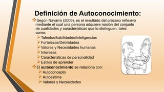 Definición de Autoconocimiento:
Según Navarro (2009), es el resultado del proceso reflexivo
mediante el cual una persona adquiere noción del conjunto
de cualidades y características que lo distinguen, tales
como:
Talentos/habilidades/inteligencias
Fortalezas/Debilidades
Valores y Necesidades humanas
Intereses
Características de personalidad
Estilos de aprender
El autoconocimiento se relaciona con:
Autoconcepto
Autoestima
Valores y Necesidades
 