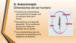 A. Autoconcepto
Dimensiones del ser humano
Conjunto de características
que conforman la imagen que
un individuo tiene de sí
mismo.
Se construye a lo largo del
desarrollo. Es la conciencia
de que uno mismo es
diferente de los demás.
Las características que nos
componen se presentan en el
diagrama a la derecha.
 