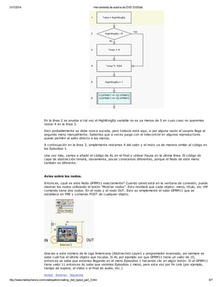 31/7/2014 Herramienta de autoría de DVD DVDlab 
En la línea 2 se prueba si tal vez el HighlitingEp variable no es ya menos de 5 en cuyo caso no queremos 
restar 4 en la línea 3. 
Esto probablemente se debe nunca suceda, pero todavía está aquí, si por alguna razón el usuario llega al 
segundo menú manualmente. Sabemos que a veces juega con el telecontrol en algunos reproductores 
puede permitir el salto directo a los menús. 
A continuación en la línea 3, simplemente restamos 4 del valor y el resto va de manera similar al código en 
los Episodios 1. 
Una vez más, vamos a añadir el código de AL en el final y utilizar Pausa en la última línea. El código de 
capa de abstracción tendrá, obviamente, pocas constantes diferentes, porque el Nodo de este menú 
también es diferente. 
Aviso sobre los nodos. 
Entonces, ¿qué es este Nodo GPRM11 exactamente? Cuando usted está en la ventana de conexión, puede 
mostrar los nodos utilizando el botón "Mostrar nodos". Esto revelará que cada objeto: menú, título, etc VM 
comando tiene dos nodos. En el nodo y el nodo OUT. Esto es simplemente el valor GPRM11 que se 
establece en PRE y comando POST de cualquier objeto. 
Gracias a este número de la Liga Americana (Abstraction Layer) y programador avanzado, así siempre se 
sabe cuál fue el último objeto que tocaba. Si AL por ejemplo ver que GPRM11 tiene un valor de 10, 
entonces se sabe que estamos llegando en el menú Episodios 1 haciendo clic en algún botón. Si el GPRM11 
tiene valor 11 entonces AL sabe que venimos Episodios 1 menú, pero esta vez por fin Link (por ejemplo, 
tiempo de espera, el vídeo o el final de audio, etc.) 
Arriba Anterior Siguiente 
http://www.mediachance.com/cowboywho/creating_dvd_layout_part_3.htm 6/7 
 