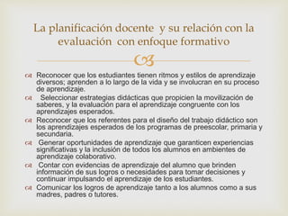 
 Reconocer que los estudiantes tienen ritmos y estilos de aprendizaje
diversos; aprenden a lo largo de la vida y se involucran en su proceso
de aprendizaje.
 Seleccionar estrategias didácticas que propicien la movilización de
saberes, y la evaluación para el aprendizaje congruente con los
aprendizajes esperados.
 Reconocer que los referentes para el diseño del trabajo didáctico son
los aprendizajes esperados de los programas de preescolar, primaria y
secundaria.
 Generar oportunidades de aprendizaje que garanticen experiencias
significativas y la inclusión de todos los alumnos en ambientes de
aprendizaje colaborativo.
 Contar con evidencias de aprendizaje del alumno que brinden
información de sus logros o necesidades para tomar decisiones y
continuar impulsando el aprendizaje de los estudiantes.
 Comunicar los logros de aprendizaje tanto a los alumnos como a sus
madres, padres o tutores.
La planificación docente y su relación con la
evaluación con enfoque formativo
 