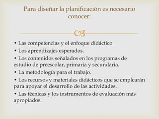 
• Las competencias y el enfoque didáctico
• Los aprendizajes esperados.
• Los contenidos señalados en los programas de
estudio de preescolar, primaria y secundaria.
• La metodología para el trabajo.
• Los recursos y materiales didácticos que se emplearán
para apoyar el desarrollo de las actividades.
• Las técnicas y los instrumentos de evaluación más
apropiados.
Para diseñar la planificación es necesario
conocer:
 