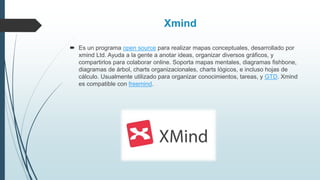  Es un programa open source para realizar mapas conceptuales, desarrollado por
xmind Ltd. Ayuda a la gente a anotar ideas, organizar diversos gráficos, y
compartirlos para colaborar online. Soporta mapas mentales, diagramas fishbone,
diagramas de árbol, charts organizacionales, charts lógicos, e incluso hojas de
cálculo. Usualmente utilizado para organizar conocimientos, tareas, y GTD. Xmind
es compatible con freemind.
Xmind
 