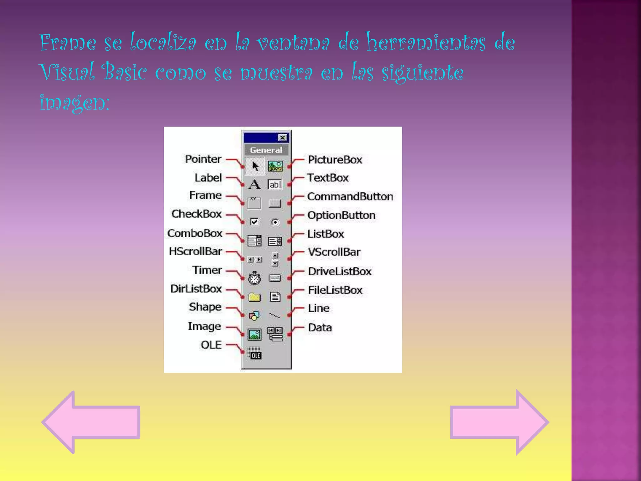 Frame se localiza en la ventana de herramientas de
Visual Basic como se muestra en las siguiente
imagen: