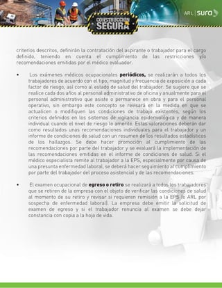 criterios descritos, definirán la contratación del aspirante o trabajador para el cargo
definido, teniendo en cuenta el cumplimiento de las restricciones y/o
recomendaciones emitidas por el médico evaluador.
• Los exámenes médicos ocupacionales periódicos, se realizarán a todos los
.........trabajadores de acuerdo con el tipo, magnitud y frecuencia de exposición a cada
.........factor de riesgo, así como al estado de salud del trabajador. Se sugiere que se
.........realice cada dos años al personal administrativo de oficina y anualmente para el
.........personal administrativo que asiste o permanece en obra y para el personal
.........operativo, sin embargo este concepto se revisará en la medida en que se
.........actualicen o modifiquen las condiciones de trabajo existentes, según los
.........criterios definidos en los sistemas de vigilancia epidemiológica y de manera
.........individual cuando el nivel de riesgo lo amerite. Estas valoraciones deberán dar
.........como resultados unas recomendaciones individuales para el trabajador y un
.........informe de condiciones de salud con un resumen de los resultados estadísticos
.........de los hallazgos. Se debe hacer promoción al cumplimiento de las
.........recomendaciones por parte del trabajador y se evaluará la implementación de
.........las recomendaciones emitidas en el informe de condiciones de salud. Si el
.........médico especialista remite al trabajador a la EPS, especialmente por causa de
.........una presunta enfermedad laboral, se deberá hacer seguimiento al cumplimiento
.........por parte del trabajador del proceso asistencial y de las recomendaciones.
• El examen ocupacional de egreso o retiro se realizará a todos los trabajadores
.........que se retiren de la empresa con el objeto de verificar las condiciones de salud
.........al momento de su retiro y revisar si requieren remisión a la EPS (o ARL por
.........sospecha de enfermedad laboral). La empresa debe emitir la solicitud de
.........examen de egreso y si el trabajador renuncia al examen se debe dejar
.........constancia con copia a la hoja de vida.
 