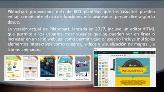 Piktochart proporciona más de 600 plantillas que los usuarios pueden
editar, o mediante el uso de funciones más avanzadas, personalice según lo
desee.
La versión actual de Piktochart, lanzada en 2017, incluye un editor HTML
que permite a los usuarios crear visuales que se pueden ver en línea o
incrustar en un sitio web, así como permitir que el usuario incluya múltiples
elementos interactivos como cuadros, videos y visualización de mapas. , e
iconos animados.
 