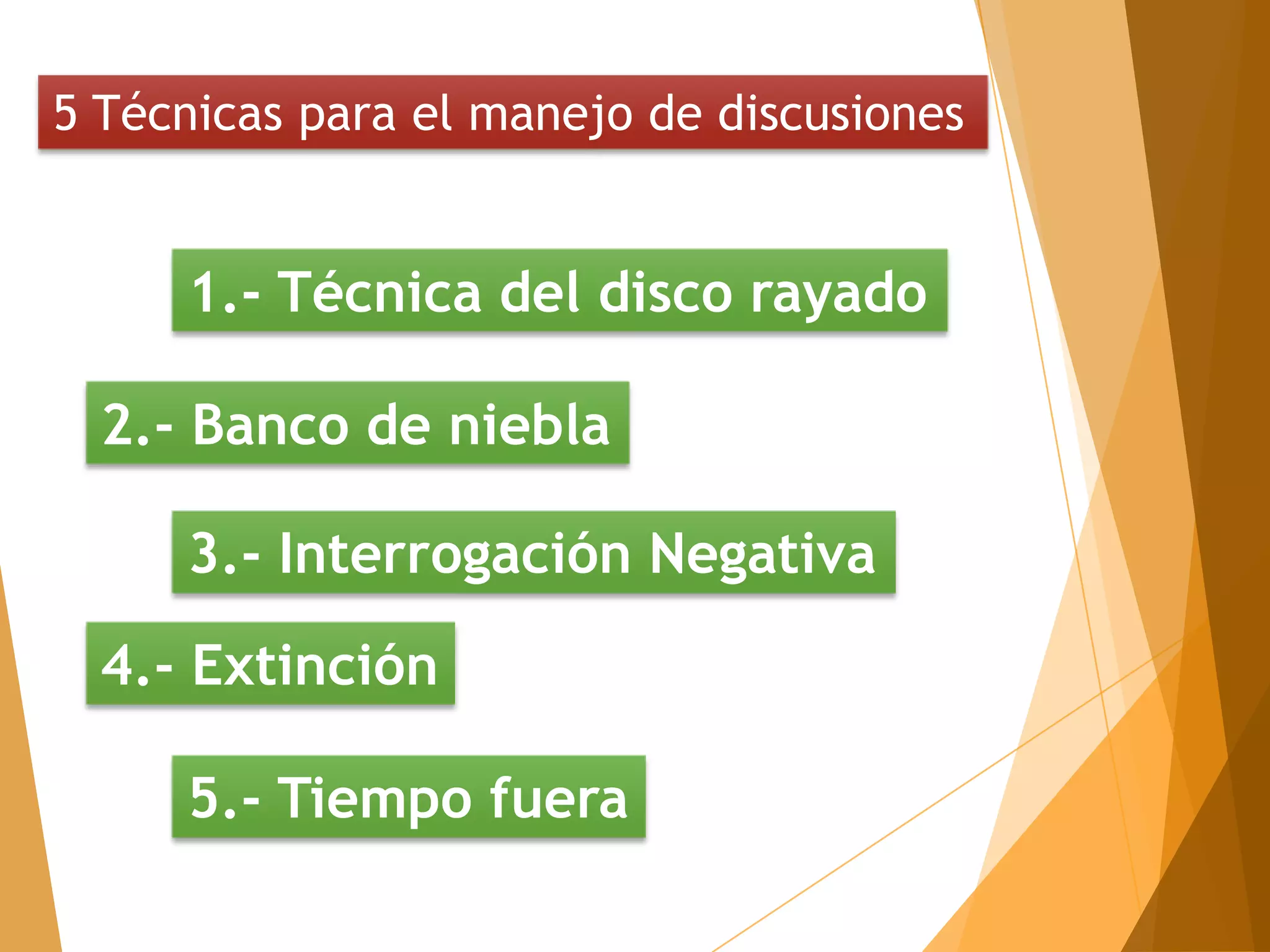5 Técnicas para el manejo de discusiones


     1.- Técnica del disco rayado

  2.- Banco de niebla

     3.- Interrogación Negativa
  4.- Extinción

     5.- Tiempo fuera
 