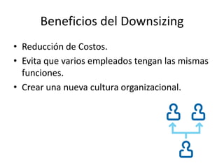 Beneficios del Downsizing
• Reducción de Costos.
• Evita que varios empleados tengan las mismas
funciones.
• Crear una nueva cultura organizacional.
 