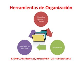Herramientas de Organización
Manual de
Normas y
Procesos
Reglamentos
Diagramas de
Procesos
EJEMPLO MANUALES, REGLAMENTOS Y DIAGRAMAS
 