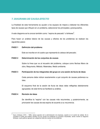 7. DIAGRAMA DE CAUSA-EFECTO 
La finalidad de esta herramienta es ayudar a los equipos de mejora a detectar los diferentes tipos de causas que influyen en un problema, seleccionar los principales y jerarquizarlos. 
A este diagrama se le conoce también como: “espina de pescado” o Ishikawa7. 
Para hacer un análisis básico de las causas y efectos de los problemas se realizan los siguientes pasos: 
PASO 1 Definición del problema 
Este se inscribe en el cuadro que representa la cabeza del pescado. 
PASO 2 Determinación de los conjuntos de causas 
Sobre la línea que va al recuadro del problema, coloque como flechas Mano de obra, Maquinaria, Método, Materiales, Medio ambiente. 
PASO 3 Participación de los integrantes del grupo en una sesión de lluvia de ideas 
Cada persona debe indicar exactamente a qué conjunto de causas pertenece su idea. 
El esquema final de la sesión de lluvia de ideas debe reflejarlas debidamente agrupadas; de esta forma se facilitará su análisis. 
PASO 4 Revisión de ideas 
Se identifica la “espina” con las causas más recurrentes, y posteriormente, se priorizarán las causas de esa espina de acuerdo a su recurrencia. 
7 Kaoru Ishikawa (1915 – 1989), teórico japonés de la administración de empresas, experto en el control de calidad. Se le considera el padre del análisis científico de las causas de problemas en procesos industriales, dando nombre al diagrama Ishikawa, cuyos gráficos agrupan por categorías todas las causas de los problemas. 
15 
 