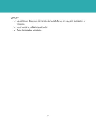 ¿CÓMO? 
• Las solicitudes de pensión permanecen demasiado tiempo en espera de autorización y validación. 
• Los procesos se realizan manualmente. 
• Existe duplicidad de actividades. 
34 
 