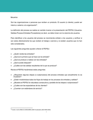 Usuarios: 
Son las organizaciones o personas que reciben un producto. El usuario (o cliente), puede ser interno o externo a la organización4. 
La definición del proceso se realiza en sentido inverso a la presentación del PEPSU (Usuarios- Salidas-Proceso-Entradas-Proveedores) es decir, se debe iniciar con la columna de usuarios. 
Para identificar a los usuarios del proceso se recomienda enlistar a los usuarios y verificar si son estos efectivamente los que reciben el trabajo o servicio y si existen usuarios que no han sido considerados. 
Las siguientes preguntas ayudan a llenar el PEPSU: 
• ¿Quién recibe las entradas? 
• ¿Qué es lo primero que se hace con la entrada? 
• ¿Qué se produce o realiza con las entradas? 
• ¿Qué sucede después? 
• ¿Cuáles son las salidas resultantes de lo que se produce? 
Revise el PEPSU haciéndose estas preguntas: 
• ¿Requieren algunas etapas (o subprocesos) del proceso entradas que actualmente no se muestran? 
• ¿Están mostrándose todos los flujos de trabajo en los procesos de entradas y salidas? 
• ¿Muestra el PEPSU la naturaleza consecutiva y paralela de las etapas o subprocesos? 
• ¿Cuáles son las expectativas de los clientes? 
• ¿Cuentan con estándares de servicio? 
4 Fuente: norma NMX-CC-9000-IMNC-2000 Vocabulario (ISO 9000:2000) 
5 
 