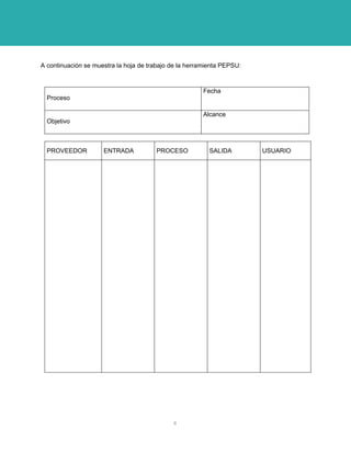 A continuación se muestra la hoja de trabajo de la herramienta PEPSU: 
Proceso 
Fecha 
Objetivo 
Alcance 
PROVEEDOR 
ENTRADA 
PROCESO 
SALIDA 
USUARIO 
6 
 