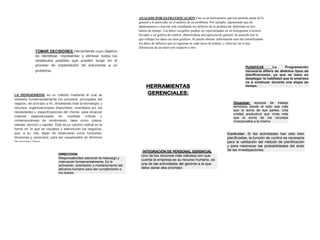ANALISIS POR ESTRATIFICACION Este es un instrumento que nos permite pasar de lo 
general a lo particular en el análisis de un problema. Por ejemplo, suponiendo que un 
departamento o sección está estudiando los defectos de la producción obtenidos en tres 
turnos de trabajo. Los datos recogidos pueden ser representados en un histograma o incluso 
llevados a un gráfico de control, obteniéndose una apreciación general, de acuerdo con lo 
que reflejan los datos en estos gráficos. Se puede obtener información mas útil estratificando 
los datos de defectos que se registran en cada turno de trabajo, y observar así si hay 
diferencias de un turno con respecto a otro. 
HERRAMIENTAS 
GERENCIALES: 
PLANIFICAR La Programación 
necesaria difiere de distintos tipos de 
planificaciones, ya que se basa en 
desplegar la habilidad que la empresa 
va a continuar durante una etapa de 
tiempo. 
Organizar: equipos de trabajo 
armónico donde el todo sea más 
que la suma de sus partes. Una 
unidad productiva que rinda más 
que la suma de los recursos 
incorporados a la misma. 
TOMAR DECISIONES Herramienta cuyo objetivo 
es identificar, representar y eliminar todos los 
obstáculos posibles que pueden surgir en el 
proceso de implantación de soluciones a un 
problema. 
LA REINGENIERÍA es un método mediante el cual se 
rediseña fundamentalmente los procesos principales del 
negocio, de principio a fin, empleando toda la tecnología y 
recursos organizacionales disponibles, orientados por las 
necesidades y especificaciones del cliente, para alcanzar 
mejoras espectaculares en medidas criticas y 
contemporáneas de rendimiento, tales como costos, 
calidad, servicio y rapidez. Éste es un cambio radical en la 
forma en la que se visualiza y estructuran los negocios, 
que, a su vez, dejan de observarse como funciones, 
divisiones y productos, para ser visualizados en términos 
de proceso clave. 
DIRECCIÓN 
Responsabilidad adicional de liderazgo y 
motivación fundamentalmente, Es la 
activación, orientación y mantenimiento del 
esfuerzo humano para dar cumplimiento a 
los planes 
INTEGRACIÓN DE PERSONAL GERENCIAL 
Uno de los recursos más valiosos con que 
cuenta la empresa es su recurso humano, es 
una de las actividades del gerente a la que 
debe darse alta prioridad. 
Controlar: Si las actividades han sido bien 
planificadas, la función de control es necesaria 
para la validación del método de planificación 
y para maximizar las probabilidades del éxito 
de las investigaciones. 
