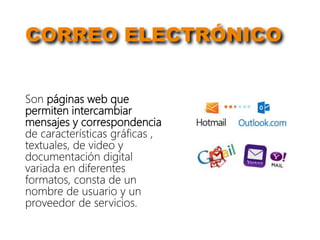 CORREO ELECTRÓNICO
Son páginas web que
permiten intercambiar
mensajes y correspondencia
de características gráficas ,
textuales, de video y
documentación digital
variada en diferentes
formatos, consta de un
nombre de usuario y un
proveedor de servicios.
 