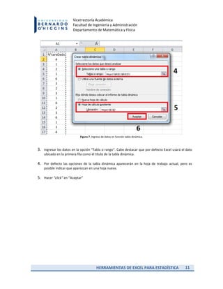 HERRAMIENTAS DE EXCEL PARA ESTADÍSTICA 11
Vicerrectoría Académica
Facultad de Ingeniería y Administración
Departamento de Matemática y Física
Figura 7. Ingreso de datos en función tabla dinámica.
3. Ingresar los datos en la opción “Tabla o rango”. Cabe destacar que por defecto Excel usará el dato
ubicado en la primera fila como el título de la tabla dinámica.
4. Por defecto las opciones de la tabla dinámica aparecerán en la hoja de trabajo actual, pero es
posible indicar que aparezcan en una hoja nueva.
5. Hacer “click” en “Aceptar”
 