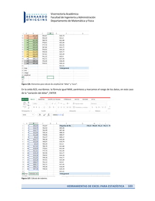 HERRAMIENTAS DE EXCEL PARA ESTADÍSTICA 103
Vicerrectoría Académica
Facultad de Ingeniería y Administración
Departamento de Matemática y Física
Figura 126. Elementos para cálculo de amplitud de “dólar” y “euro”.
En la celda B23, escribimos la fórmula igual MAX, paréntesis y marcamos el rango de los datos, en este caso
de la “variación del dólar”, ENTER
Figura 127. Cálculo de máximo.
 