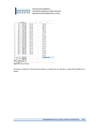 HERRAMIENTAS DE EXCEL PARA ESTADÍSTICA 105
Vicerrectoría Académica
Facultad de Ingeniería y Administración
Departamento de Matemática y Física
Figura 129. Cálculo de Rango.
Finalmente escribimos la fórmula para obtener la amplitud de los intervalos, es igual B25 dividido por 4,
ENTER
 