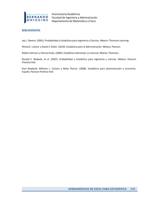 HERRAMIENTAS DE EXCEL PARA ESTADÍSTICA 115
Vicerrectoría Académica
Facultad de Ingeniería y Administración
Departamento de Matemática y Física
BIBLIOGRAFÍA
Jay L. Devore. (2001). Probabilidad y Estadística para Ingeniería y Ciencias. México: Thomson Learning.
Richard I. Levine y David S. Rubin. (2010). Estadística para la Administración. México: Pearson.
Robert Johnson y Patricia Kuby. (2004). Estadística elemental, Lo esencial. México: Thomson.
Ronald E. Walpole, et al. (2007). Probabilidad y Estadística para ingeniería y ciencias. México: Pearson
Prentice Hall.
Paul Newbold, Williams L. Carlson y Betty Thorne. (2008). Estadística para administración y economía.
España: Pearson Prentice Hall.
 